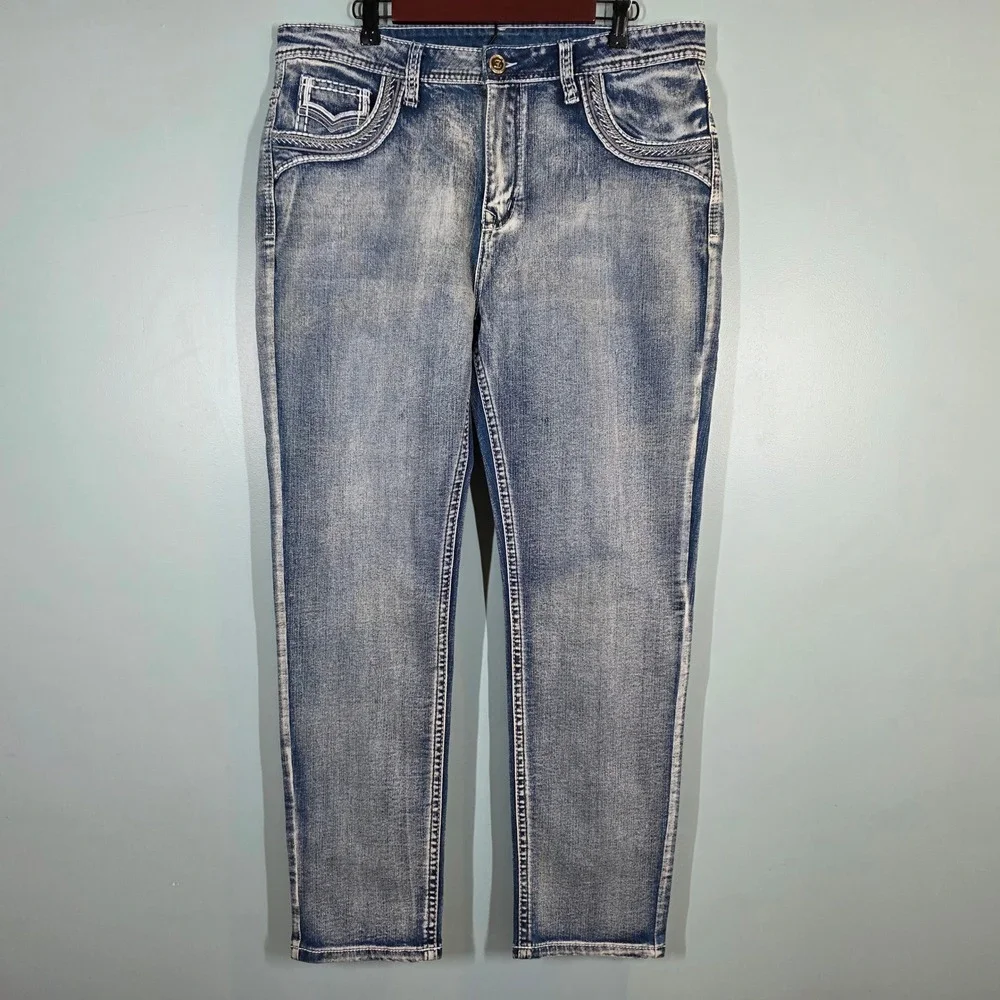 Mens‎ Western Blue Jeans ESDVQ Light Wash Thick Stitch Embroidered 37x30 Y2K